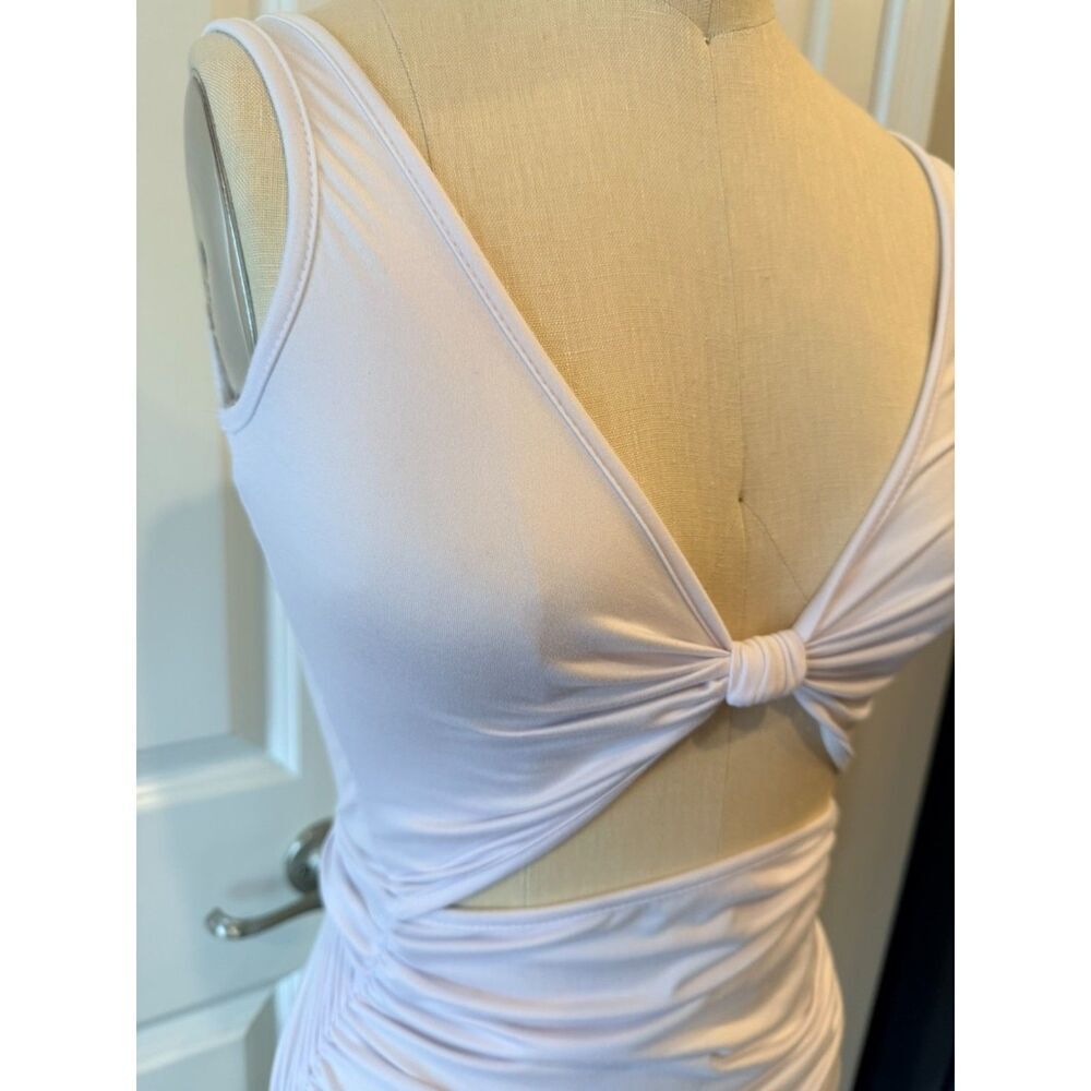 White Cutout Bodycon Mini Dress Small Ruched Twist Front Club Party - Picture 3 of 8
